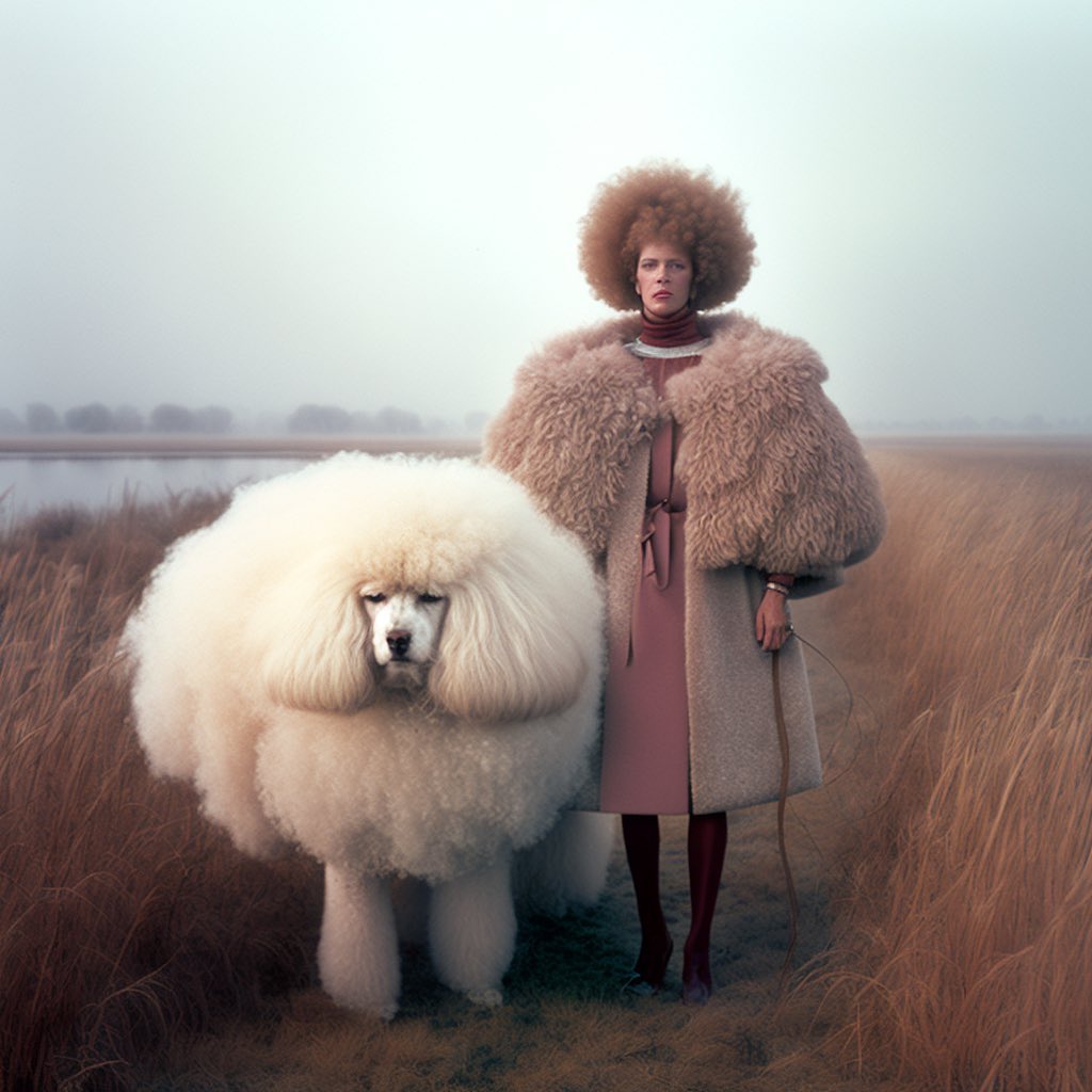 Woman in vintage outfit poses with a large white poodle against a misty background of fields and distant trees.