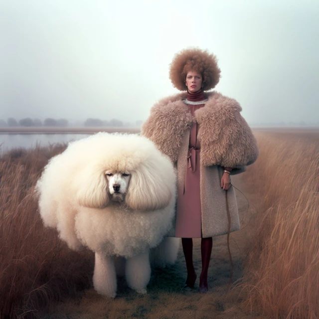 Woman in vintage outfit poses with a large white poodle against a misty background of fields and distant trees.