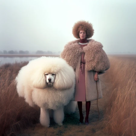 Woman in vintage outfit poses with a large white poodle against a misty background of fields and distant trees.