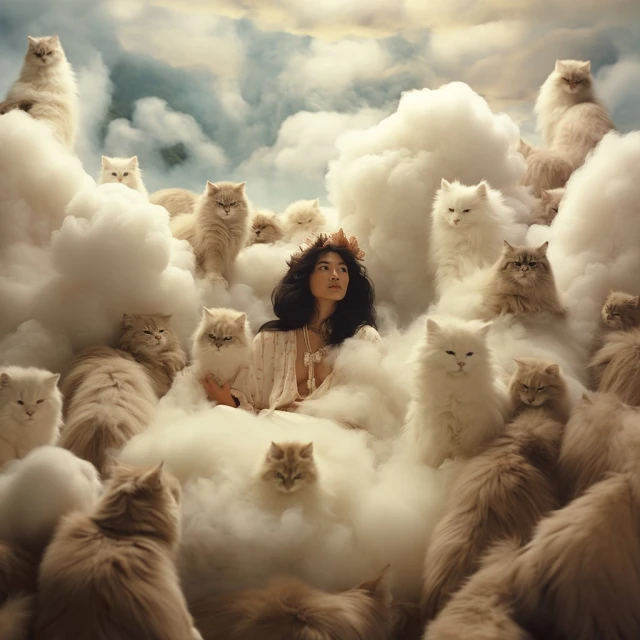 Dreamy scene of a woman with dark hair among white fluffy clouds, surrounded by many Persian cats. Fantasy, ethereal mood.