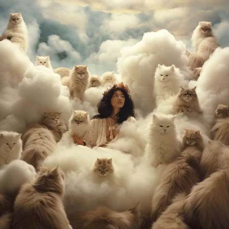 Dreamy scene of a woman with dark hair among white fluffy clouds, surrounded by many Persian cats. Fantasy, ethereal mood.