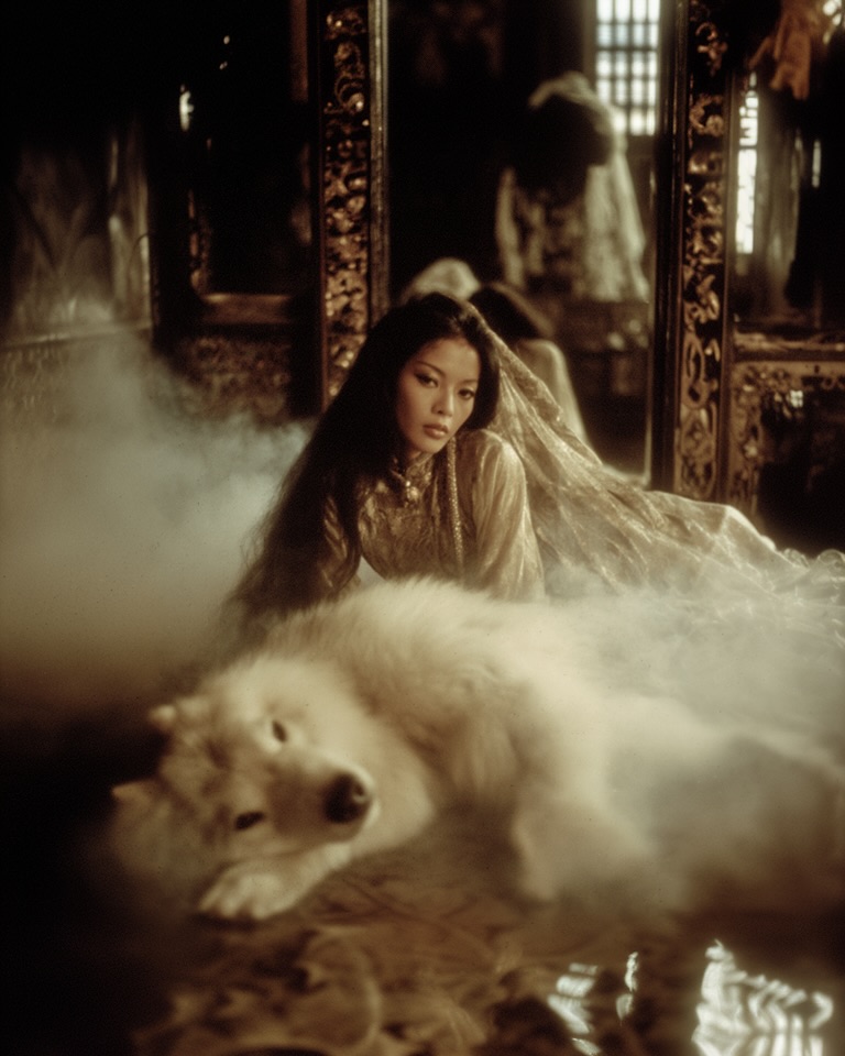 Asian woman in golden dress poses with a Samoyed dog in a hazy indoor setting with a highly decorative mirror in the background.
