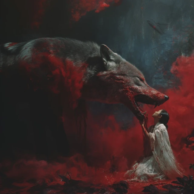 Dramatic digital art featuring a large, bloody wolf looming over a kneeling woman in a white dress against a dark, atmospheric backdrop.