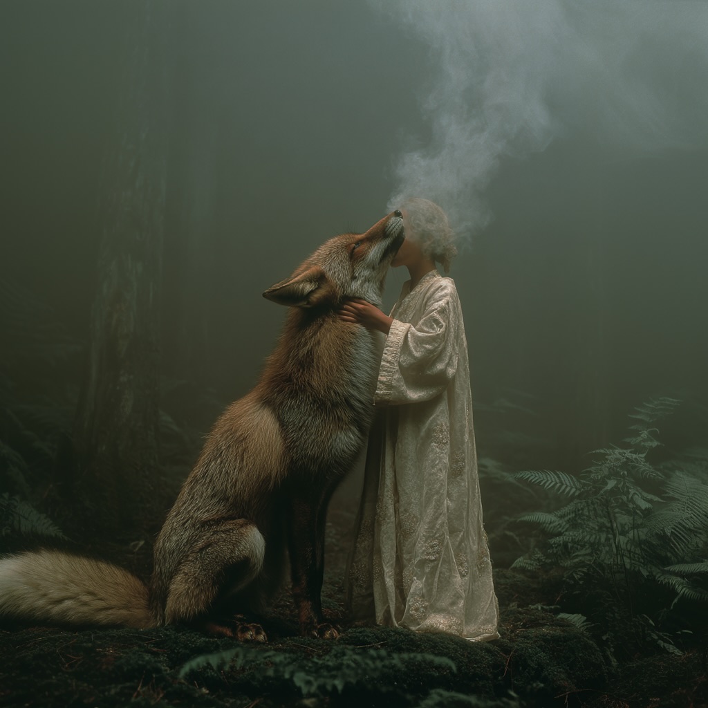 Woman in a robe stands next to a large fox in a forest, with mist and ferns visible, creating a mystical and surreal scene.
