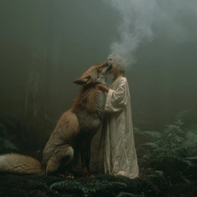 Woman in a robe stands next to a large fox in a forest, with mist and ferns visible, creating a mystical and surreal scene.