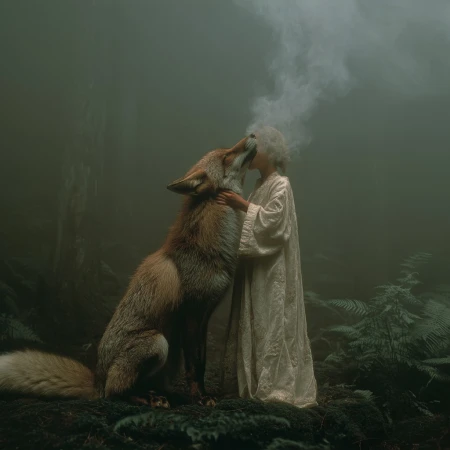 Woman in a robe stands next to a large fox in a forest, with mist and ferns visible, creating a mystical and surreal scene.