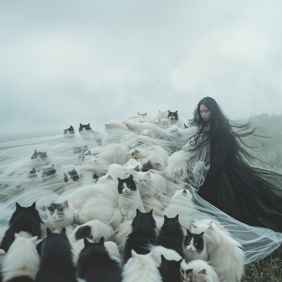 Surreal portrait of a woman standing among a large group of black and white cats draped in sheer fabric against a misty backdrop.