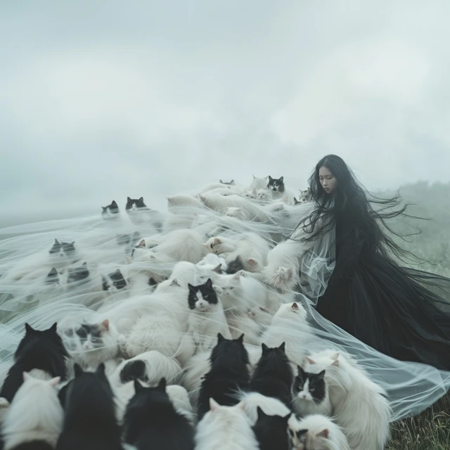 Surreal portrait of a woman standing among a large group of black and white cats draped in sheer fabric against a misty backdrop.