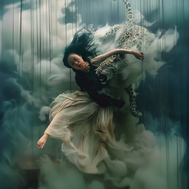 Woman in a flowing beige dress embraces a roaring leopard, set against a surreal background with cloud-like formations and hanging threads.