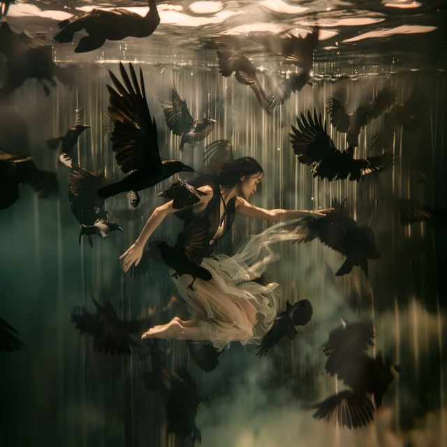 Woman in flowing white dress underwater, surrounded by flock of black birds, creating a surreal and ethereal artistic fantasy scene.