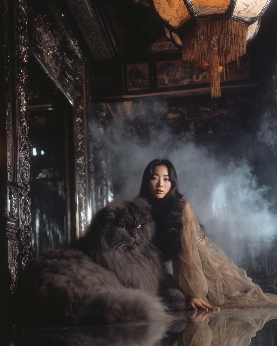 Asian woman poses with a large grey cat in an opulent, atmospheric interior with ornate details, vintage lantern, and smoky background.