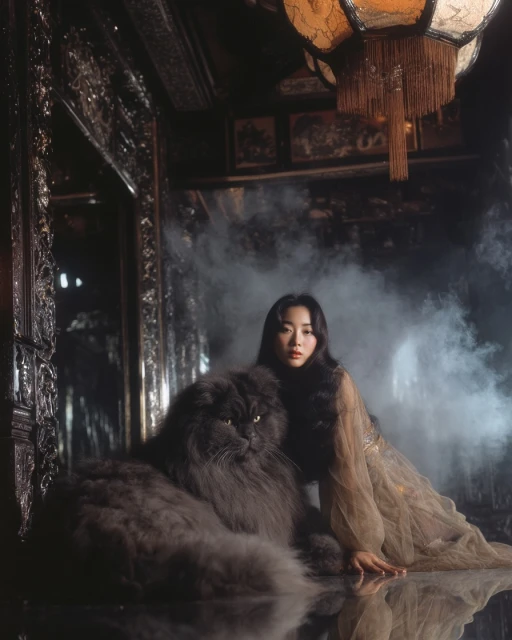 Asian woman poses with a large grey cat in an opulent, atmospheric interior with ornate details, vintage lantern, and smoky background.