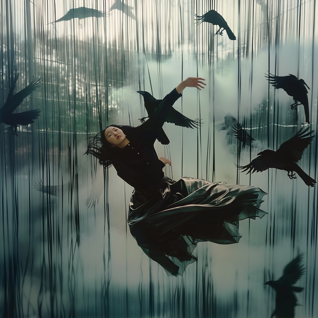 Artistic shot of an Asian woman in a flowing black dress surrounded by crows in a forest-like setting with vertical lines.