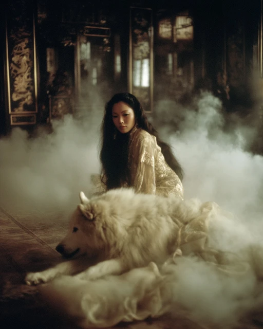 Woman in a lace dress sits next to a Samoyed dog in a smoky, vintage-style interior with ornate walls and dark floors, bathed in soft light.