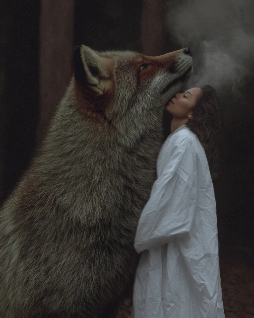 An adult woman in a white robe touches faces with a large wolf or fox in a forest, vapor from the breath is visible, artistic.