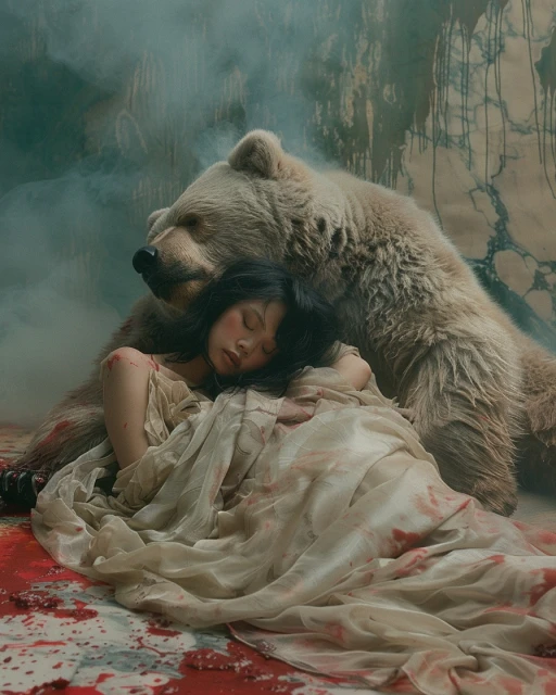 Young woman with dark hair sleeps while a large brown bear embraces her in an artistic fantasy portrait, shot in a studio environment.