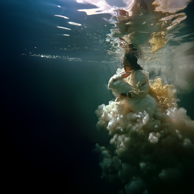 Young woman with long hair in dress swims underwater and holds a white rabbit, surrounded by light billowing clouds.