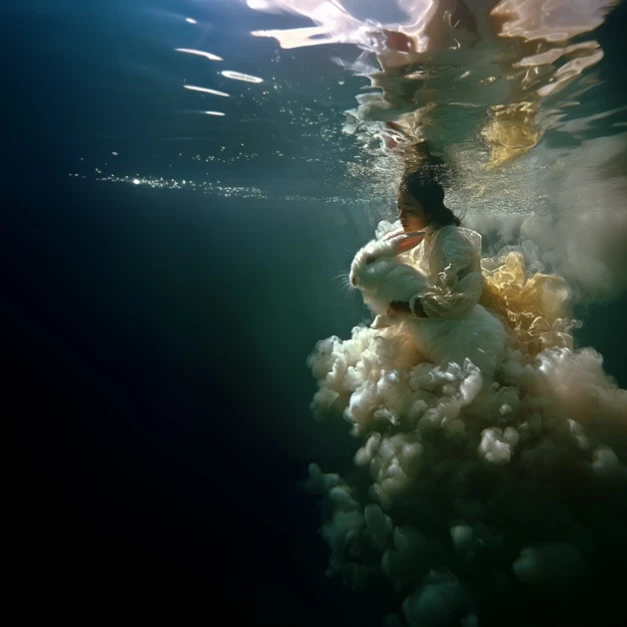 Young woman with long hair in dress swims underwater and holds a white rabbit, surrounded by light billowing clouds.