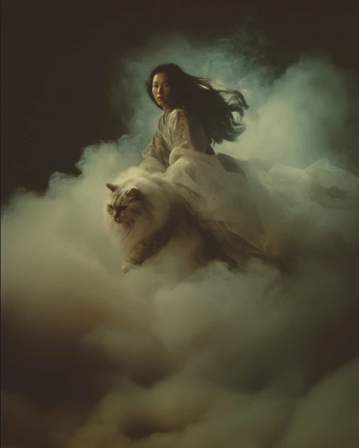 An Asian woman sits astride a large fluffy cat in a surreal setting, surrounded by swirling vapor or clouds, dark background.