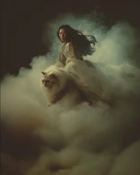 Woman in flowing white robes riding a large fluffy white cat amidst billowing clouds of smoke
