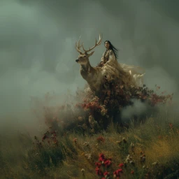 A woman in a flowing beige gown riding a large stag with majestic antlers through a misty, fog-filled meadow with red wildflowers.