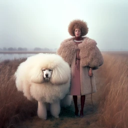Woman with large afro wearing a fur coat holding a leash next to an enormous fluffy white poodle standing in a misty field