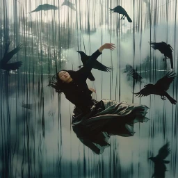 Woman in dark clothing floating mid-air surrounded by falling vertical threads and multiple black ravens.