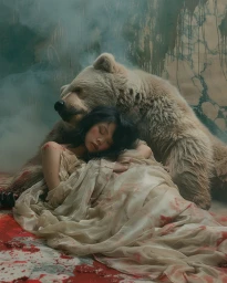 A woman in a cream dress resting against a large brown bear in a misty setting with red markings on the floor.