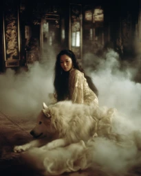 Woman with long dark hair kneeling behind a large white wolf dog amidst swirling smoke in a dark ornate room.