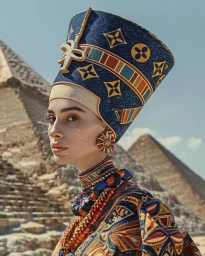 Portrait of a woman wearing a tall blue patterned headdress and an elaborate beaded collar with Egyptian pyramids in the background