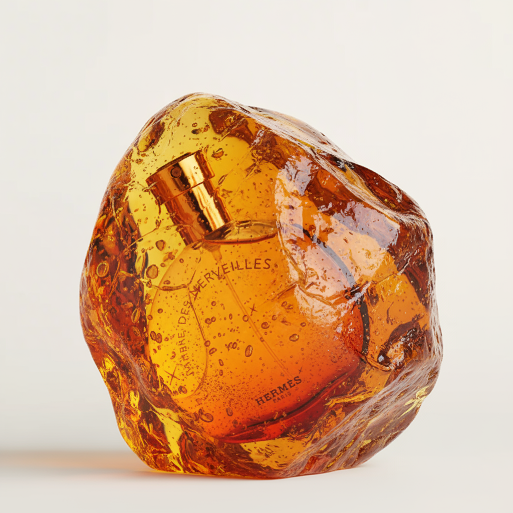 Studio shot of a golden perfume bottle encased in amber-colored resin, set against a clean white background. Beauty shot, product photography.