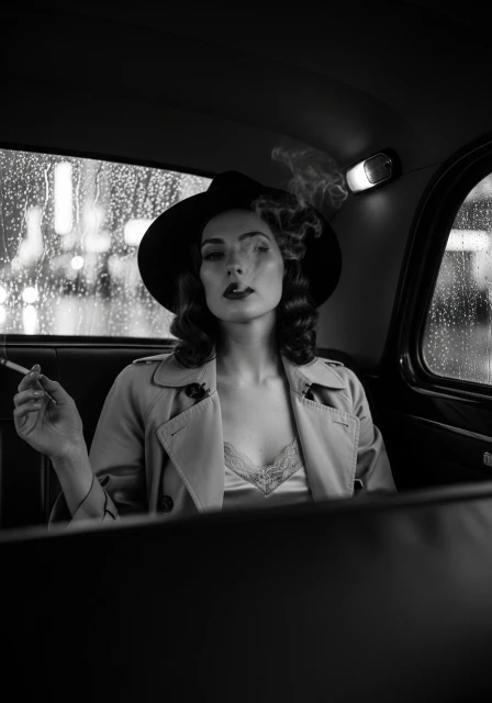 Black and white portrait of a woman in a trench coat and hat smoking a cigarette inside of a car on a rainy night.