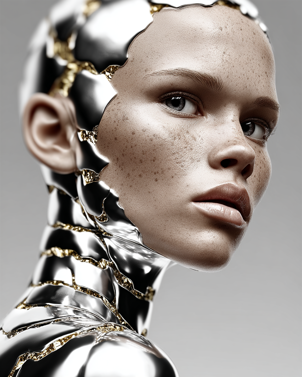 Close-up portrait of a freckled woman with silvery metallic shards and gold accents, set against a neutral gray background.