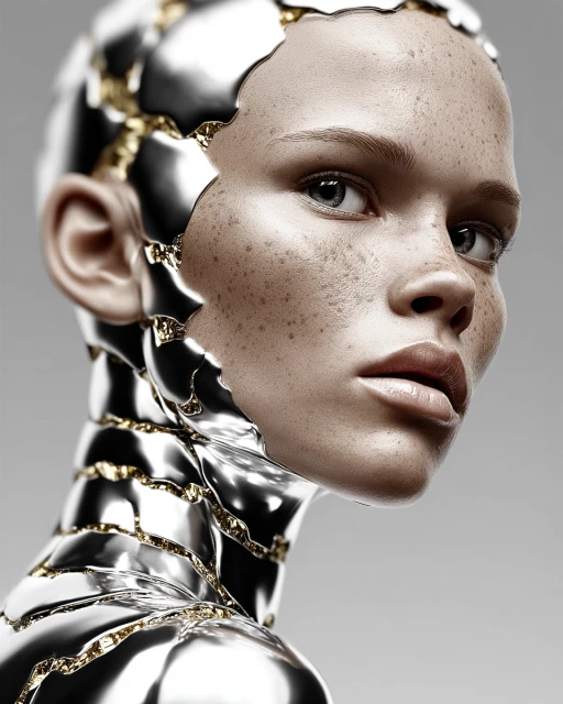 Close-up portrait of a freckled woman with silvery metallic shards and gold accents, set against a neutral gray background. 