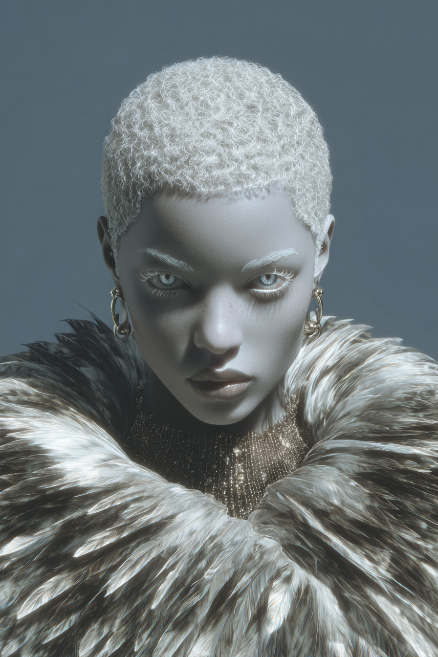 Portrait of a woman with white hair and feathered boa. She gazes intently at the viewer with a silvery background.