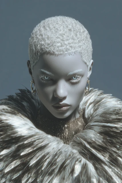 Portrait of a woman with white hair and feathered boa. She gazes intently at the viewer with a silvery background.