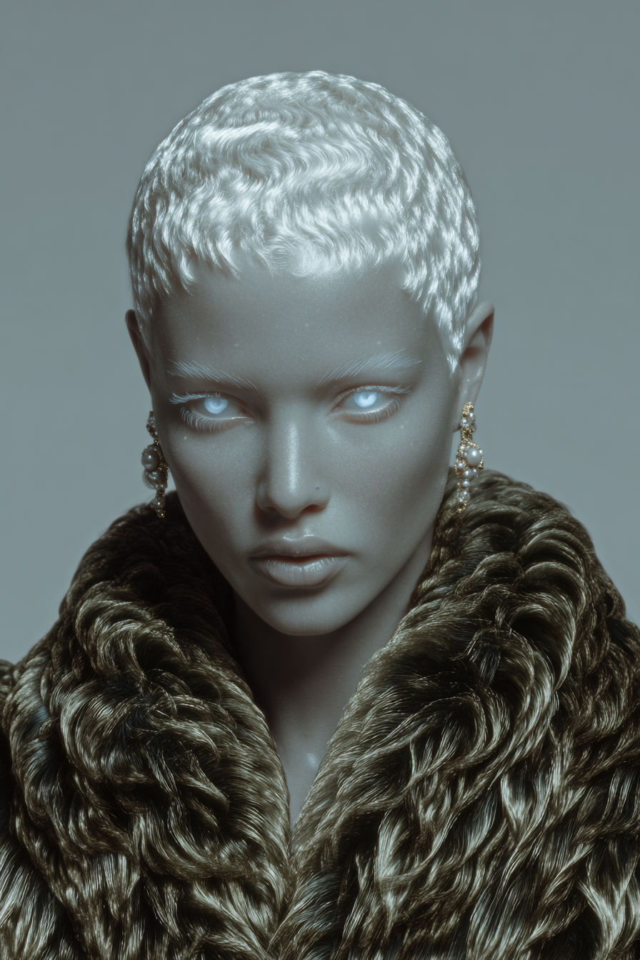 Close-up portrait of a woman with short white hair, pale skin, and bright eyes, wearing a brown fur coat against a pale background.