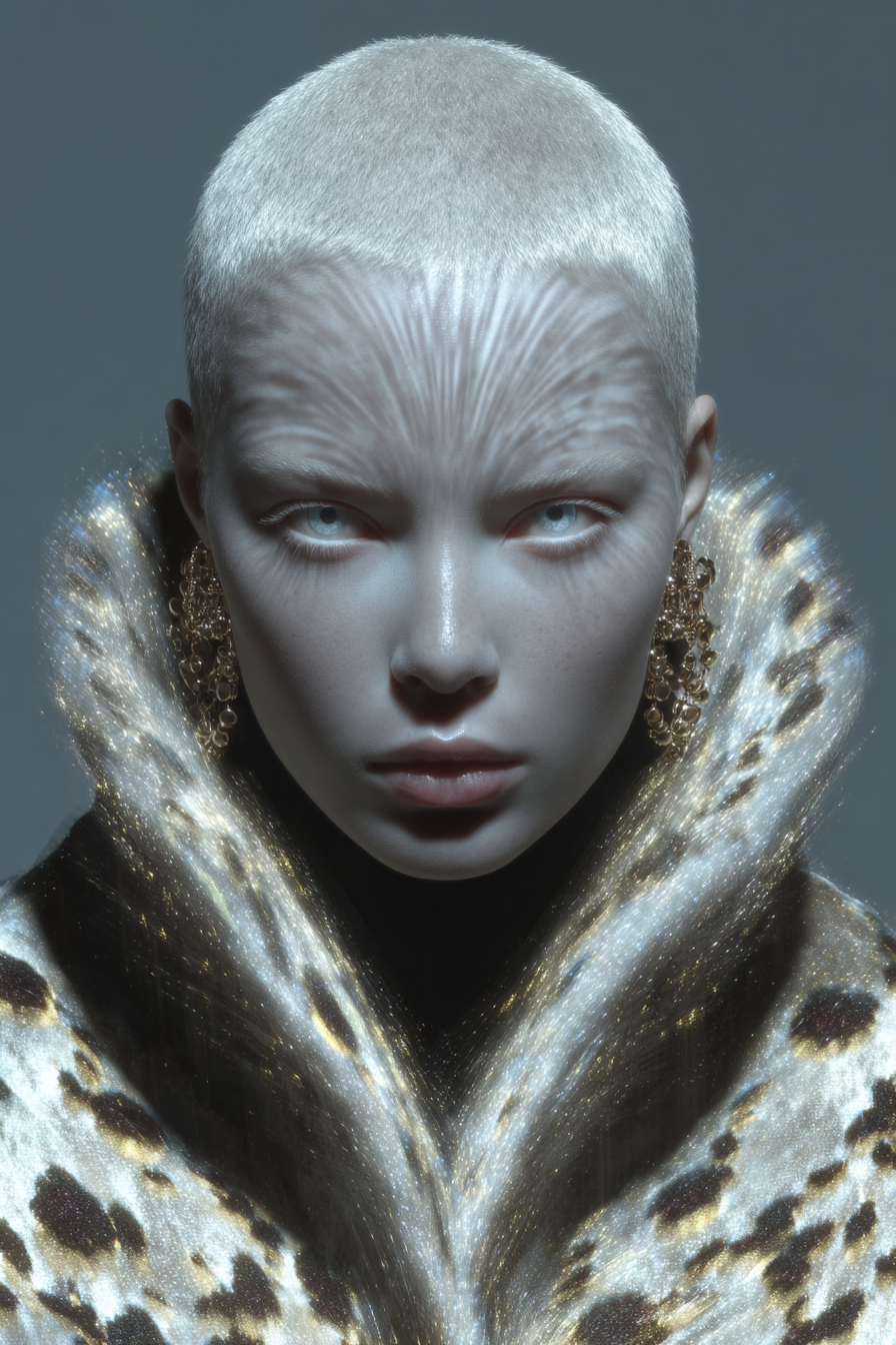 Close-up of an adult woman with short white hair, pale skin, statement gold earrings, and a faux fur coat with a leopard print.