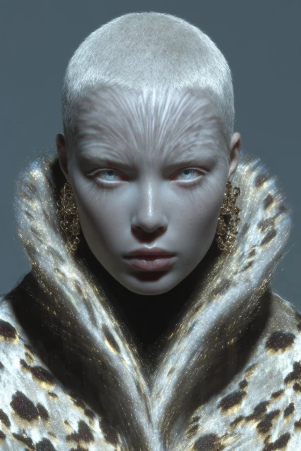 Close-up of an adult woman with short white hair, pale skin, statement gold earrings, and a faux fur coat with a leopard print.