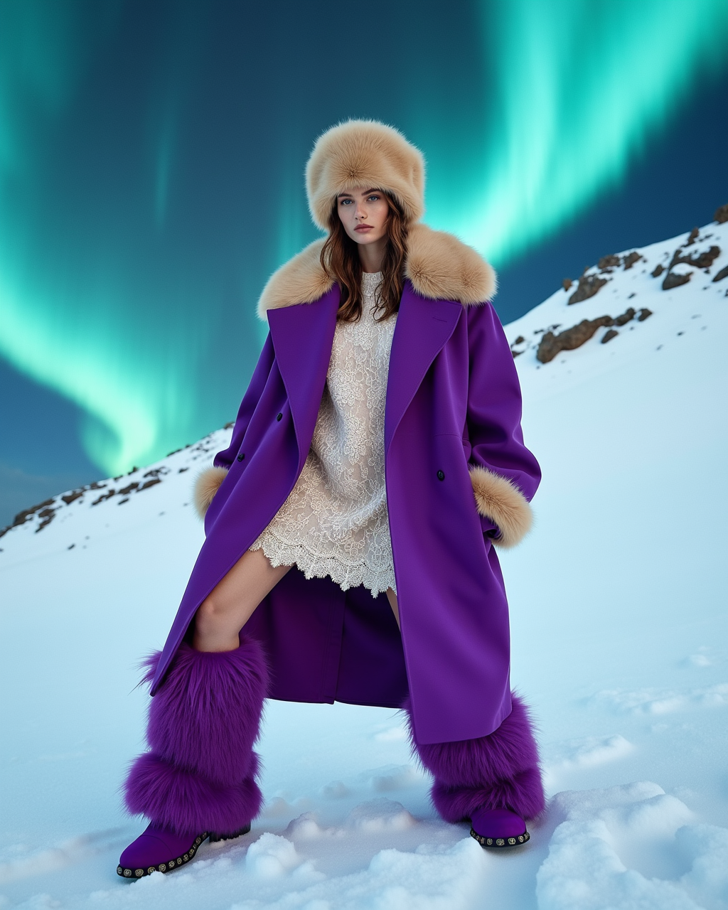 A woman in a purple coat and furry hat stands on a snowy hill with the aurora borealis visible in the night sky, showcasing winter fashion.