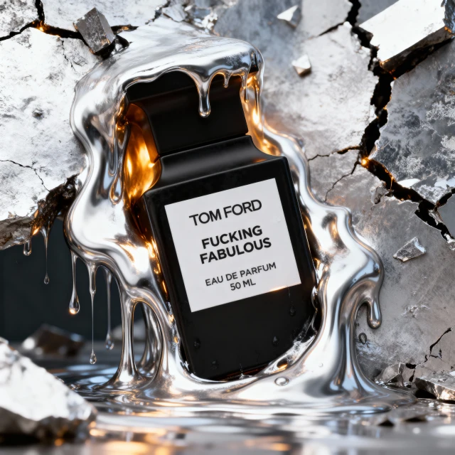 Tom Ford Fucking Fabulous perfume bottle with reflective chrome-like liquid and cracked grey background creating an edgy, luxurious aesthetic.