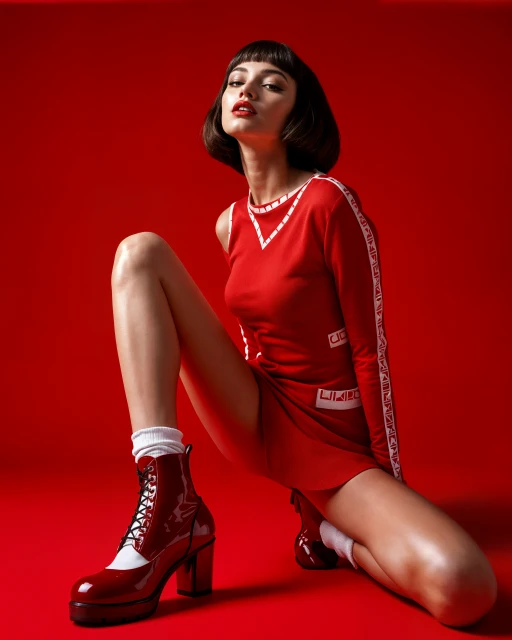 Woman in red dress and platform boots poses against red backdrop in a studio shot. Fashion editorial with a single subject.