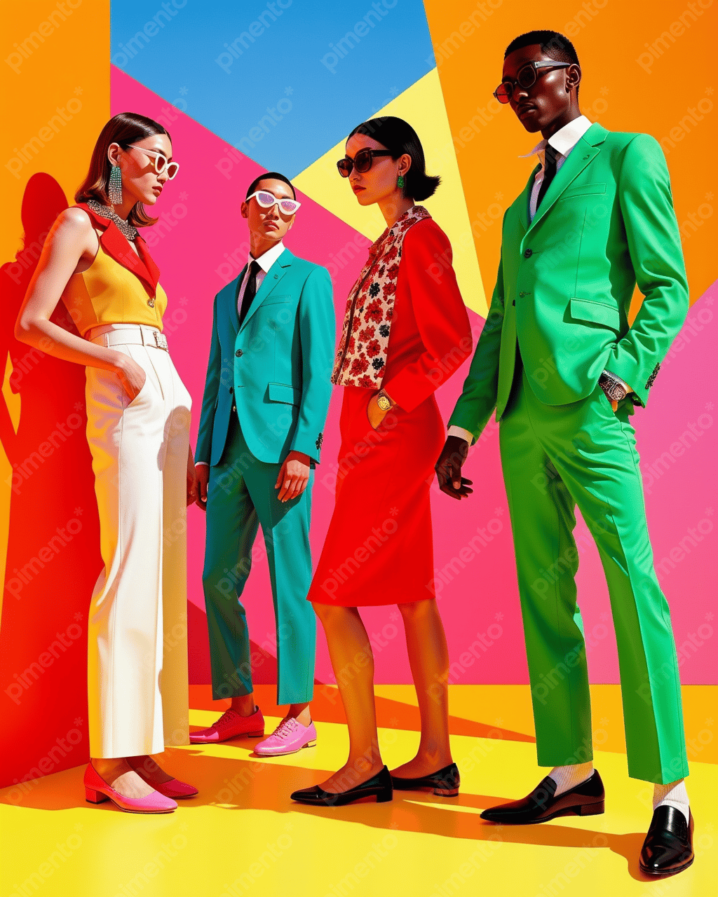 Group of four fashion models in colourful suits and sunglasses posing against a bright geometrical background. Fashion editorial photography.