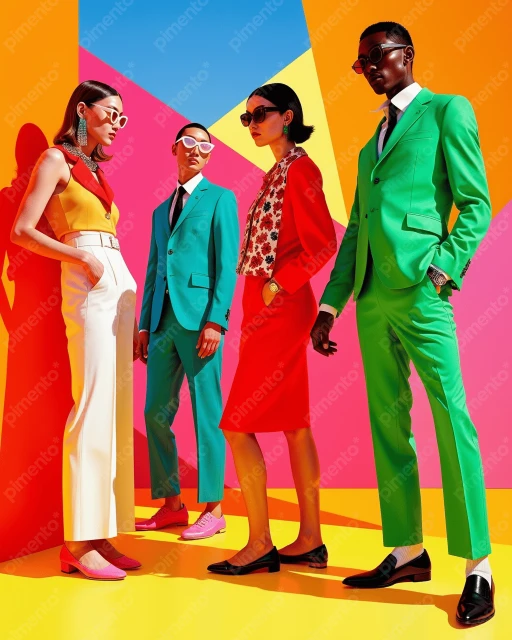Group of four fashion models in colourful suits and sunglasses posing against a bright geometrical background. Fashion editorial photography.