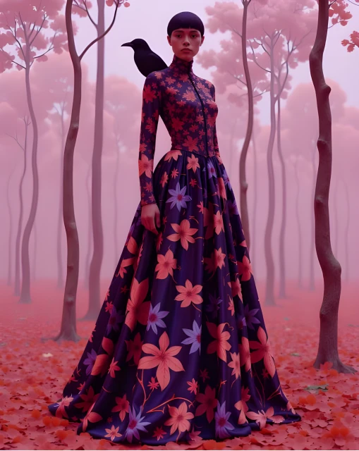 Woman in floral gown standing in a pink-toned forest, bird perched on her shoulder, creating a surreal, fairytale-like aesthetic.