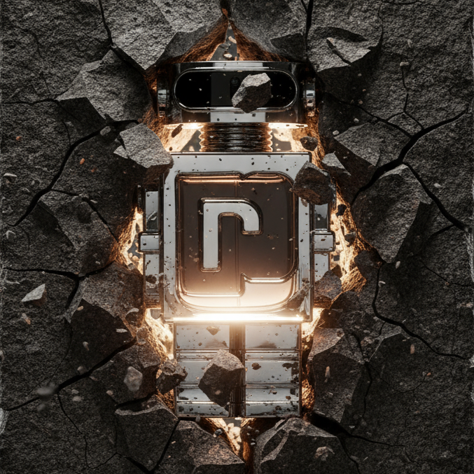 3D render of a metallic robot emerging from a cracked stone wall with glowing light emanating from its lower section and edges.