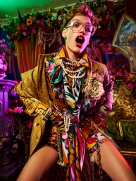 Model with glasses and open mouth wearing ornate floral shirt and gold jacket with layered pearl necklaces by AiFlaneur
