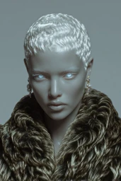AI portrait of a figure with platinum wavy hair, glowing eyes, pearl earrings, and a textured fur collar against a grey background.
