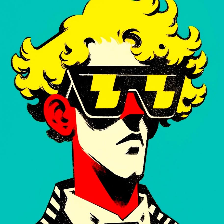 Illustration of a person with yellow hair wearing sunglasses, depicted in a graphic style with bold colors and a blue background.