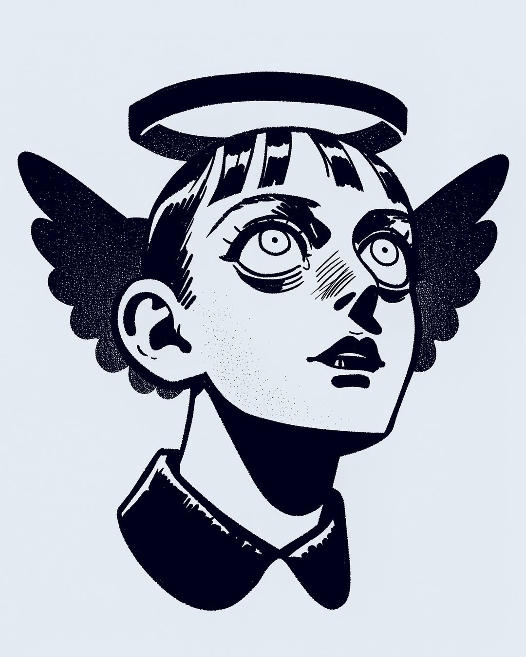 Illustration of a stylized young person with angel wings and a halo, looking upwards in a black-and-white color scheme on a light background.